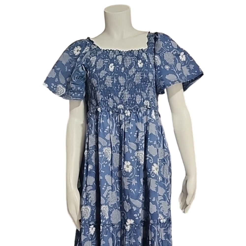 GRACE HOLIDAY Blue Chambray Floral Smocked Midi Dress L Tiered Boho Cottagecore - Picture 15 of 16